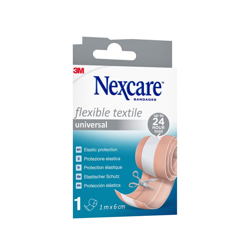 Verpakking van Nexcare Flexible Textile Universal pleisters. Beige rol met schaar. 1 m x 6 cm.