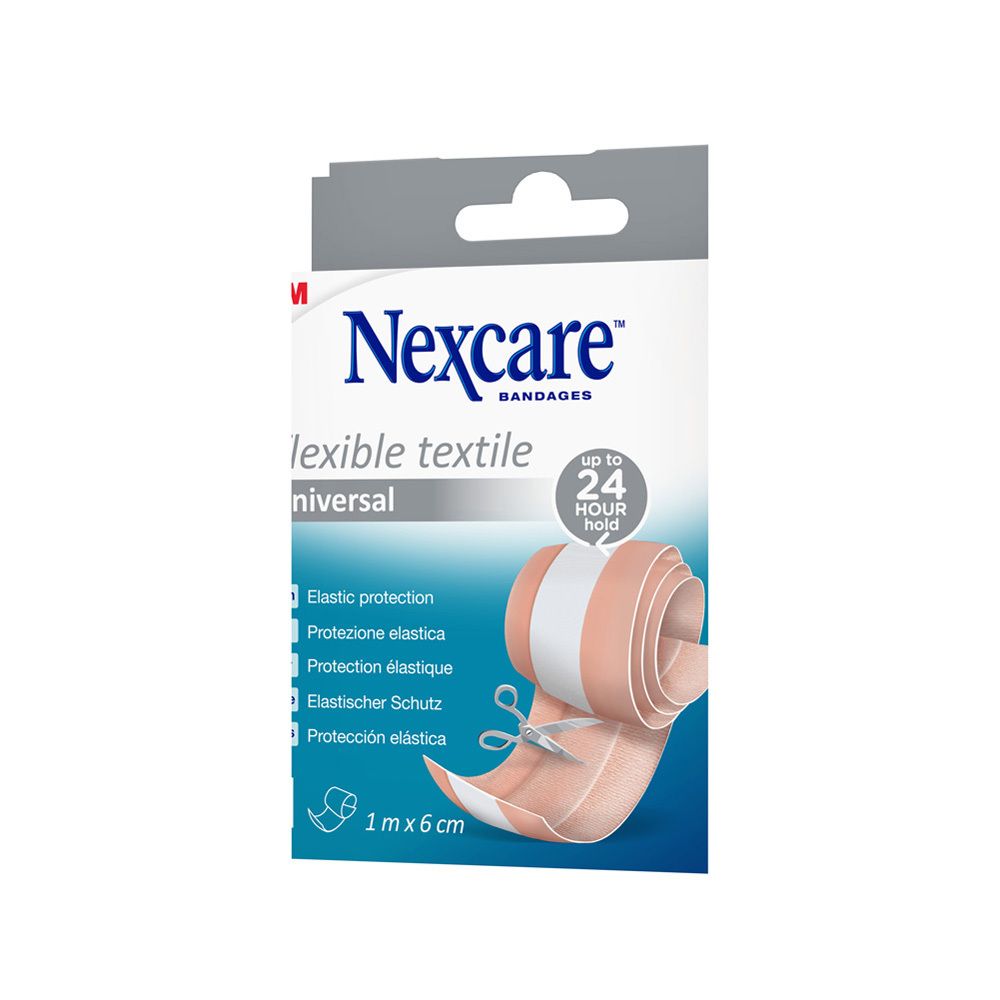 Verpakking van Nexcare Flexible Textile Universal pleisters. Beige rol met schaar. 1 m x 6 cm.