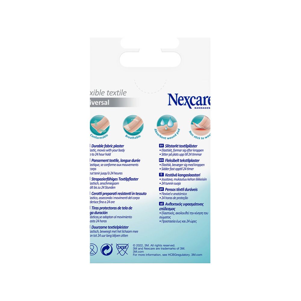 Achterkant van de Nexcare Flexible Textile Universal pleisterverpakking. Meertalige tekst.