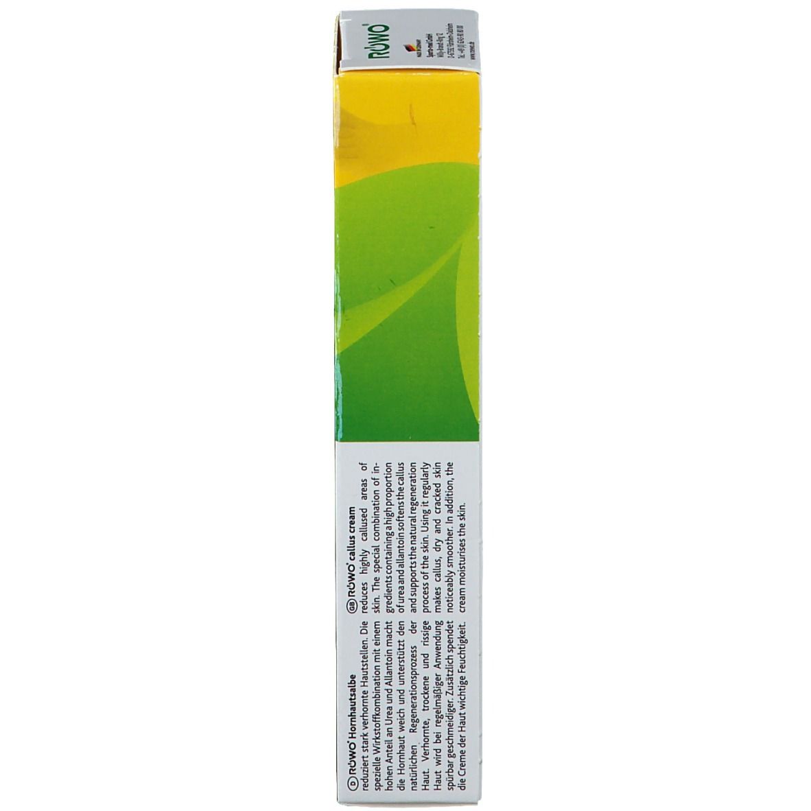 Emballage de RÖWO Hornhautsalbe. Vue latérale avec nom du produit et indication du contenu en plusieurs langues.