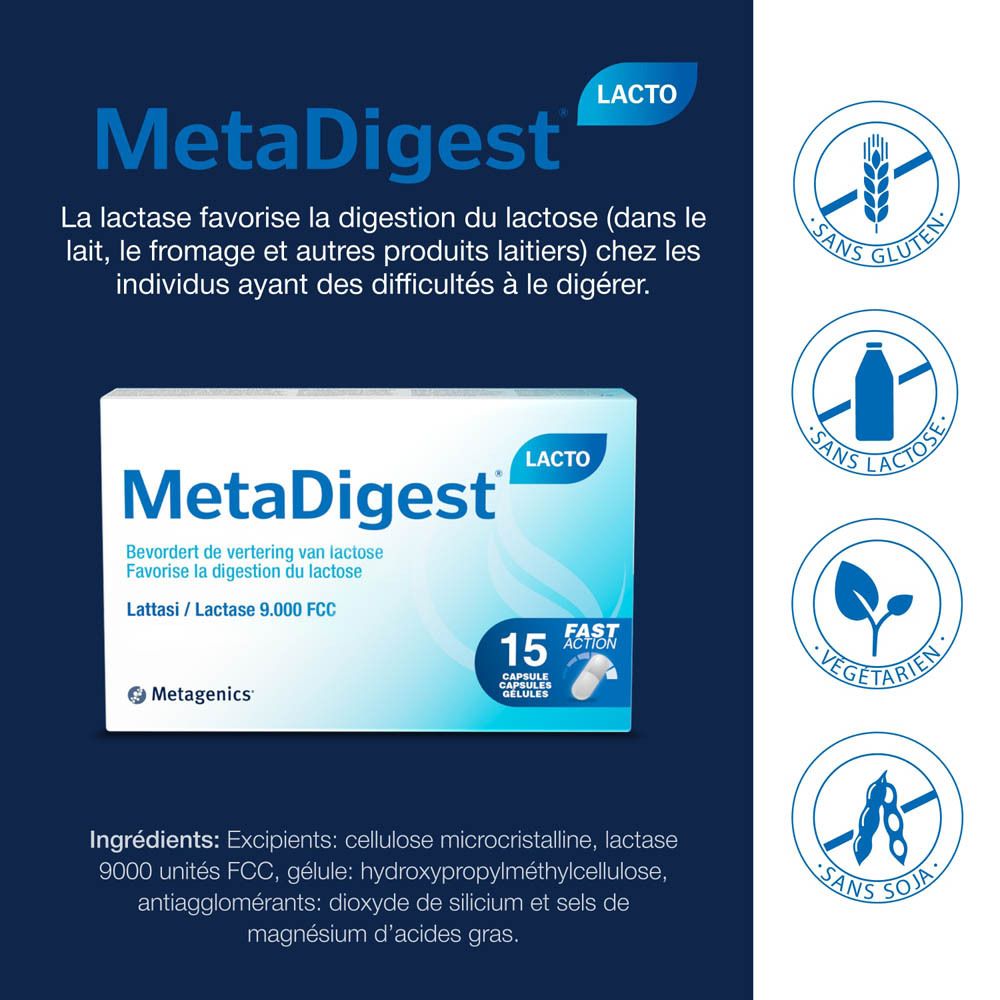 Boîte de MetaDigest Lacto. Contient 15 gélules. Emballage bleu et blanc avec nom et logo du produit.