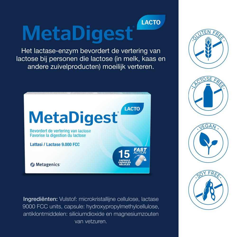 MetaDigest Lacto-verpakking. Bevat 15 capsules. Blauw-witte verpakking met productnaam en logo.