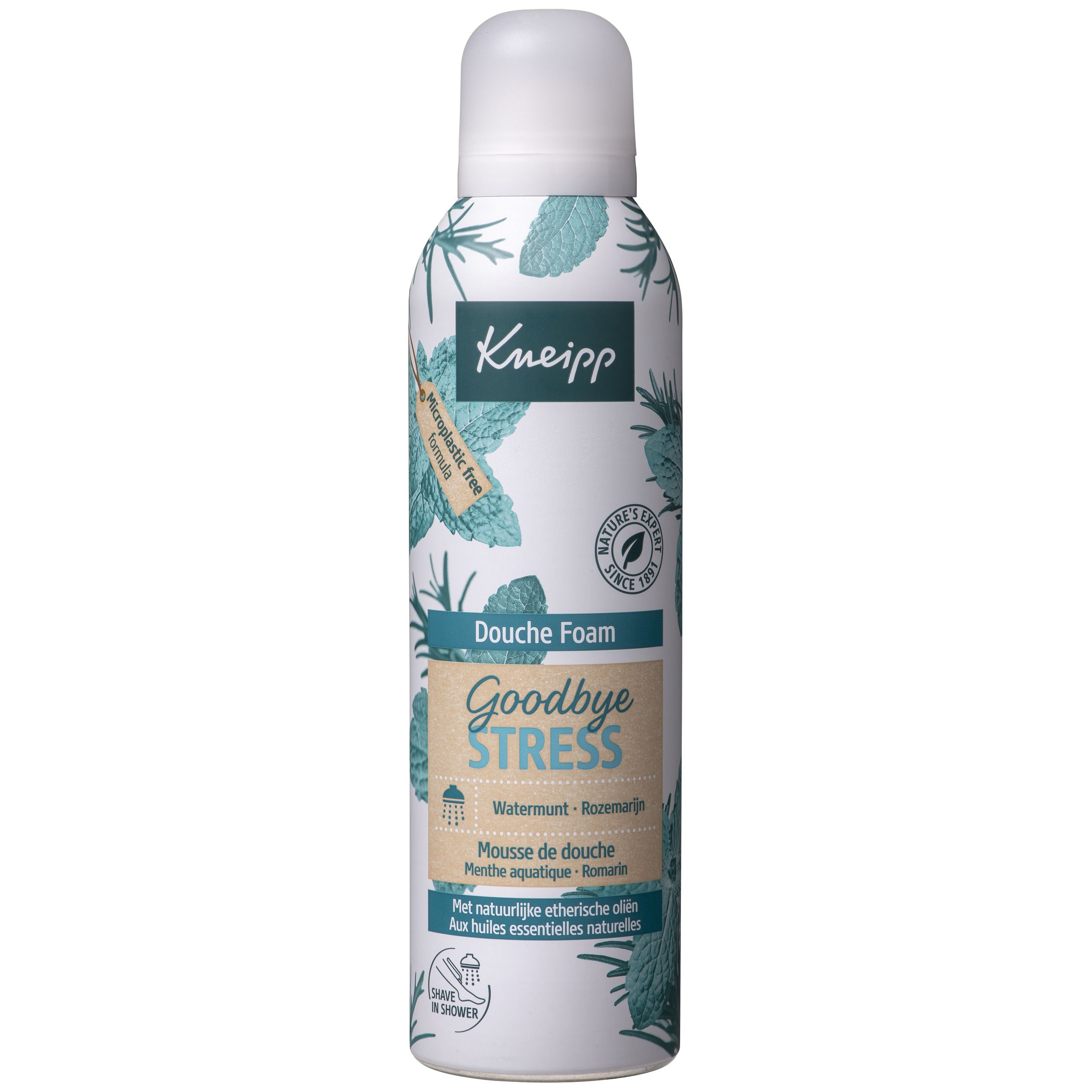 Kneipp® Doucheschuim. Witte fles met groen patroon. Opschrift: Goodbye Stress, Douche Foam. Met essentiële oliën.