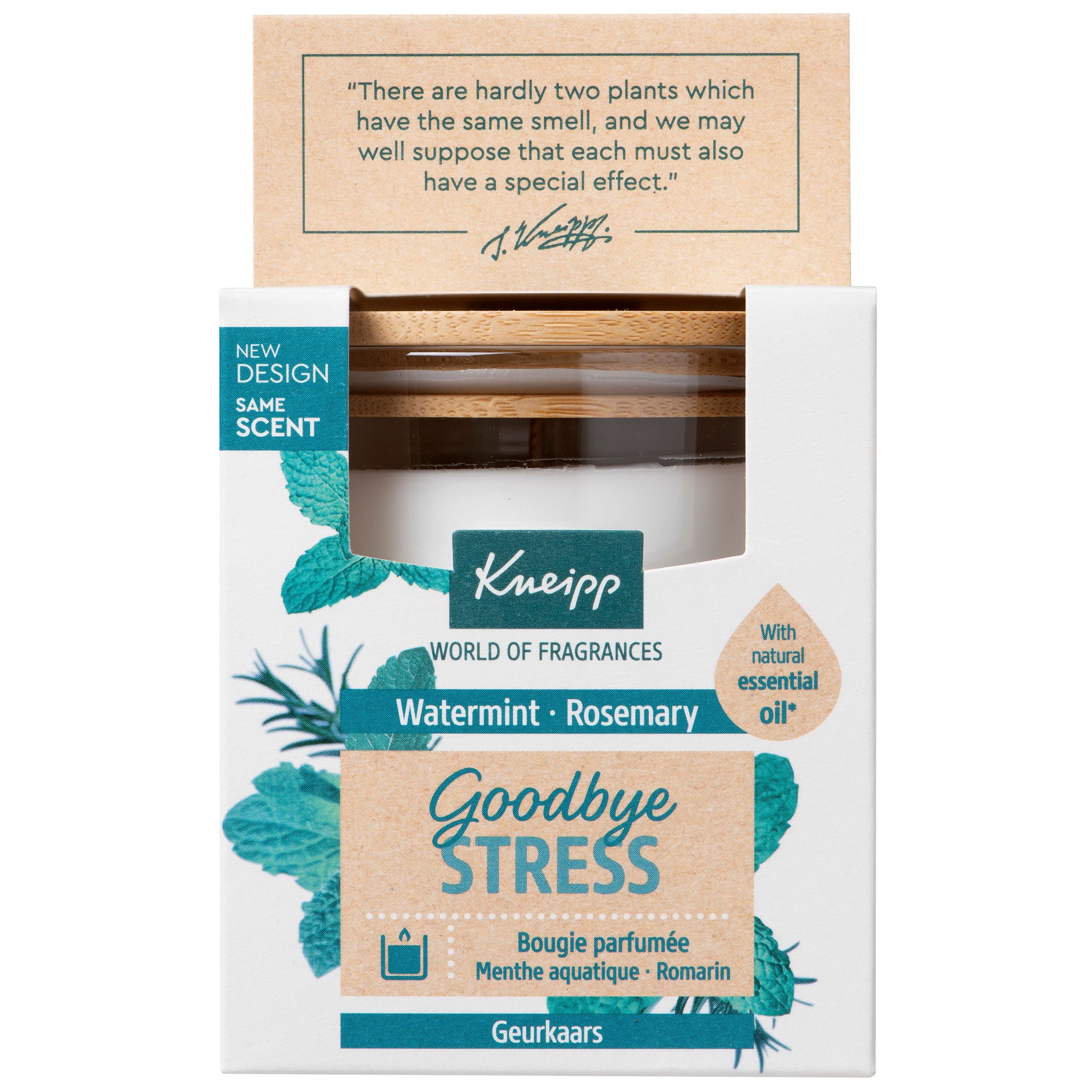 Kneipp® geurkaars in verpakking. Wit glazen pot met houten deksel. Opschrift: Goodbye Stress Watermunt-Rozemarijn.