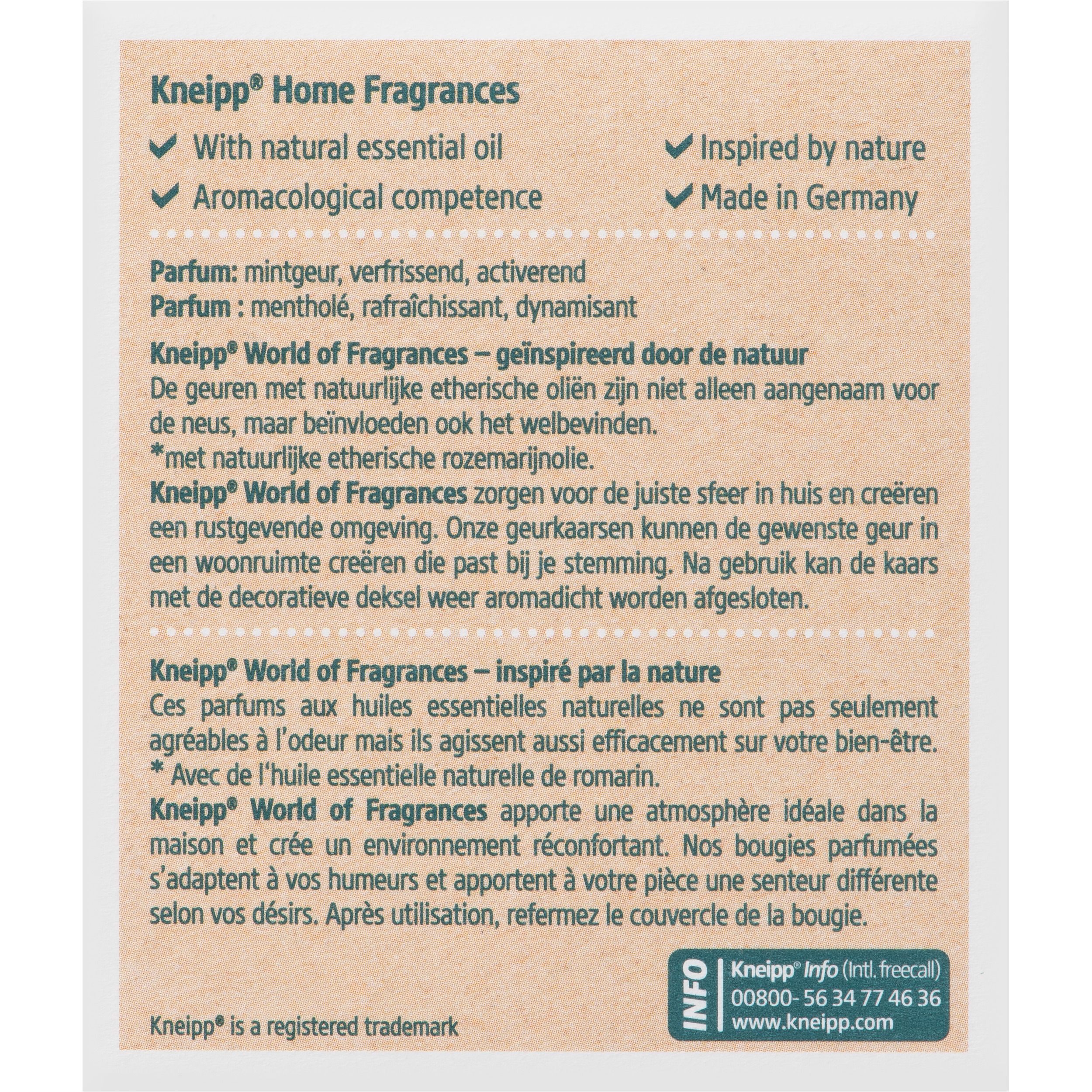 Achterkant van de verpakking. Tekst in het Duits, Frans, Nederlands. Informatie over ingrediënten en waarschuwingen.