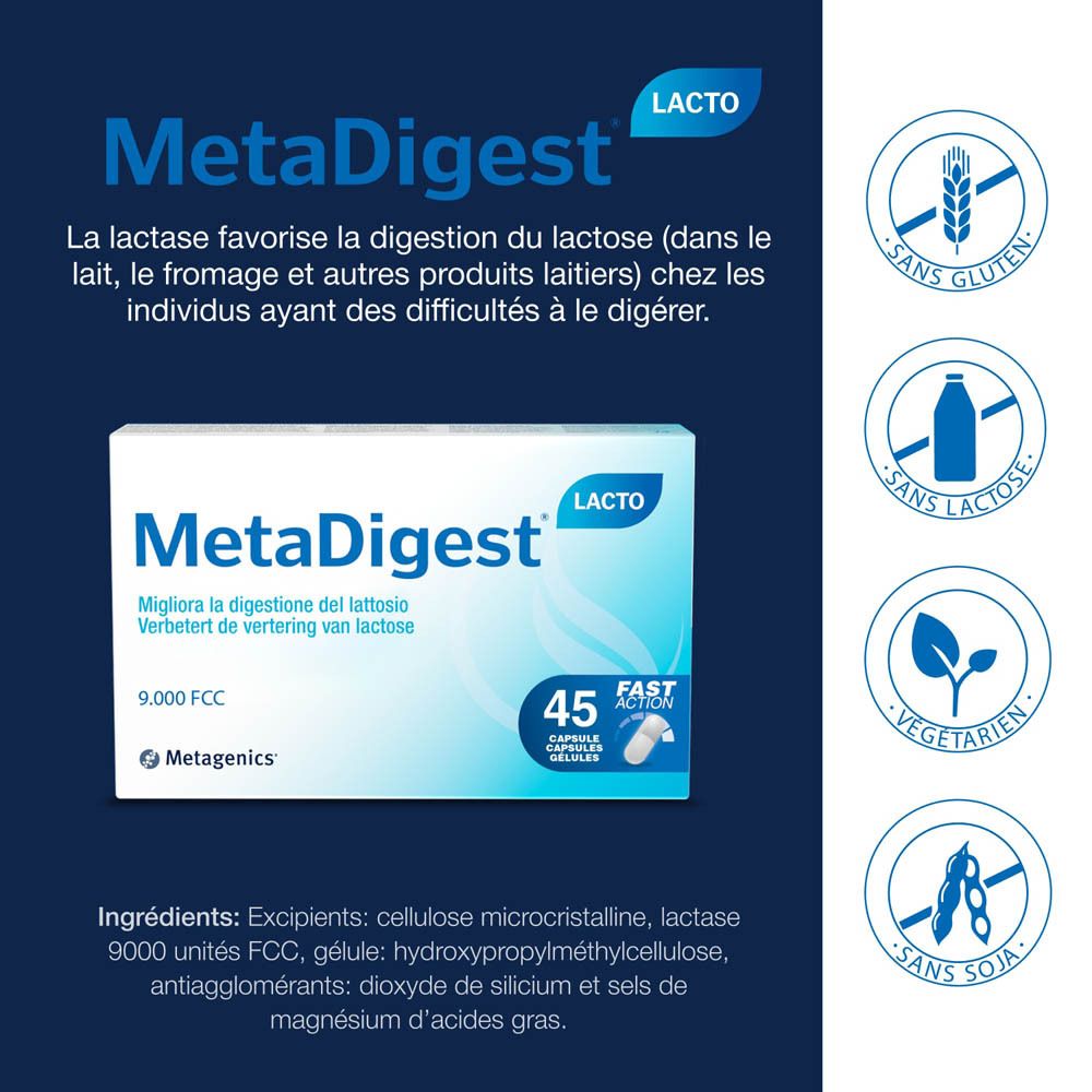 Boîte MetaDigest Lacto. Boîte bleue et blanche avec nom du produit et 45 gélules.