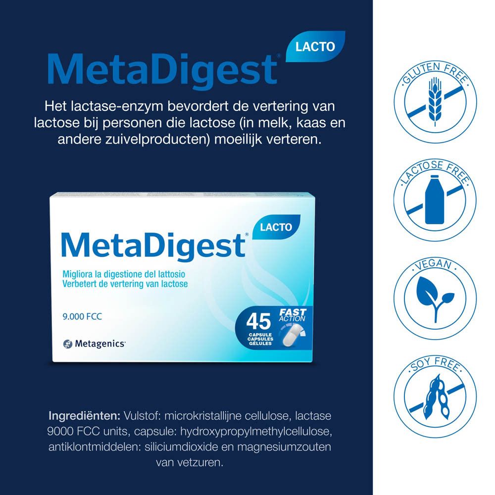 MetaDigest Lacto-verpakking. Blauw-witte doos met productnaam en 45 capsules.