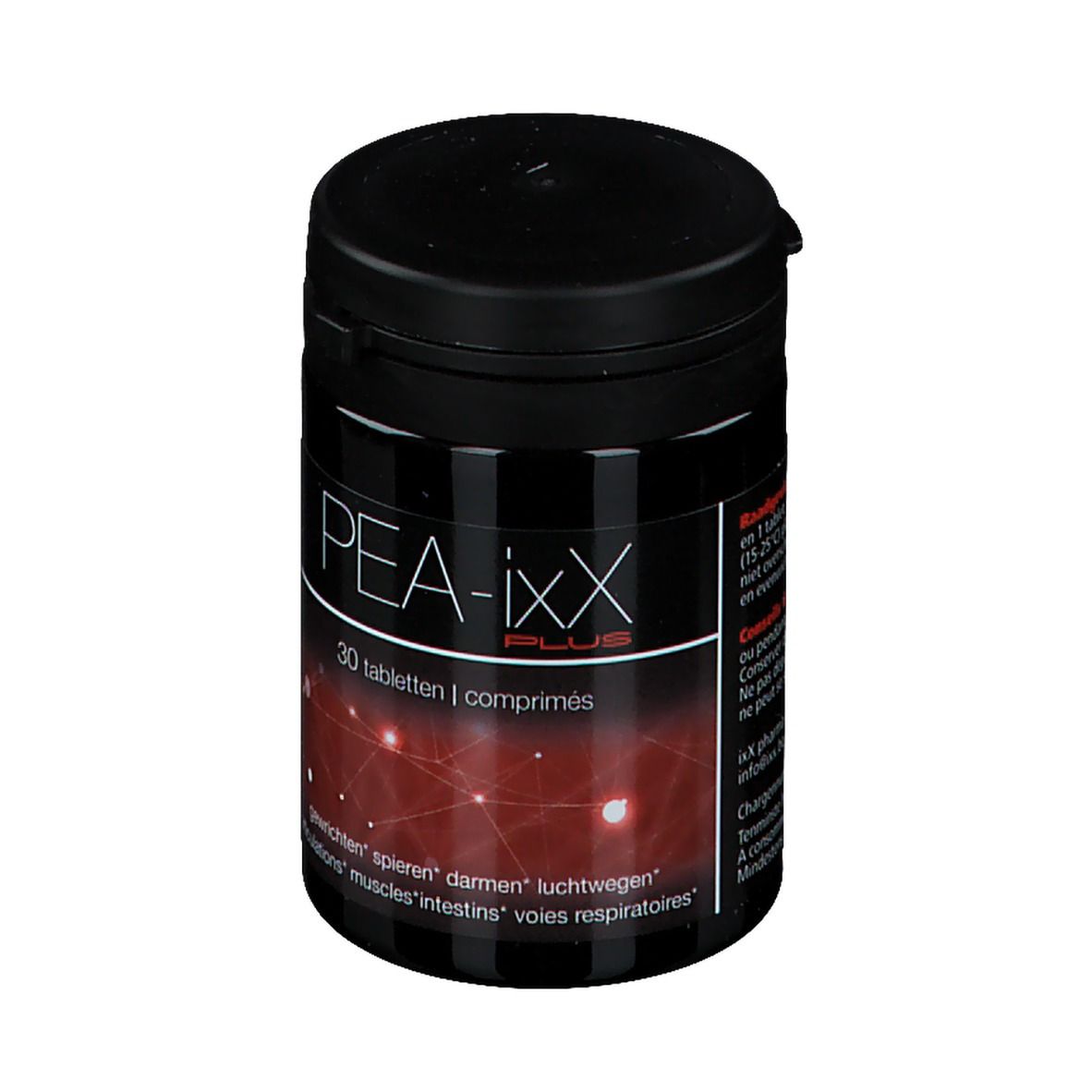 Boîte noire avec étiquette PEA-ixX PLUS. 30 comprimés. Fond rouge avec lignes blanches. Texte: muscles, intestins, voies respiratoires.