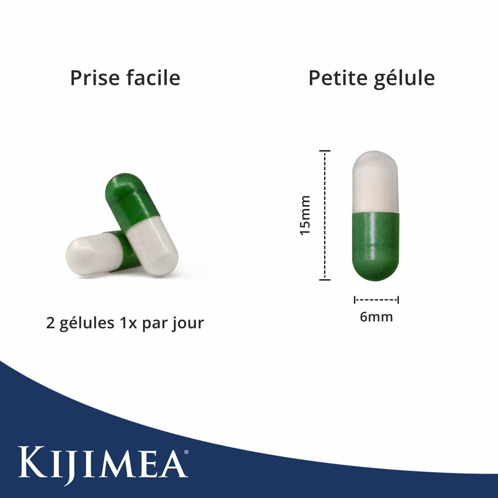 Logo Kijimea® et deux gélules. Une gélule verte et blanche, l'autre blanche.