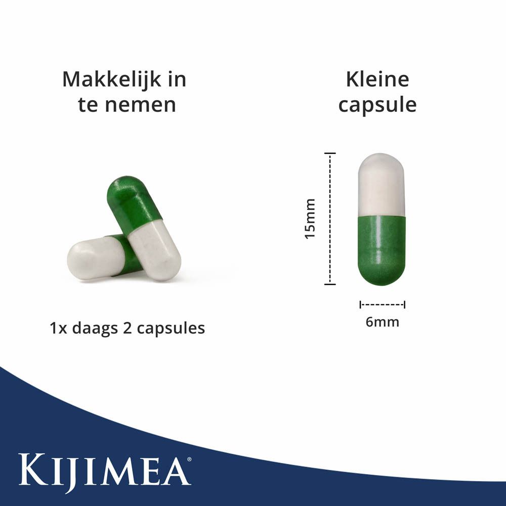 Kijimea® logo en twee capsules. Eén capsule groen-wit, de andere wit.