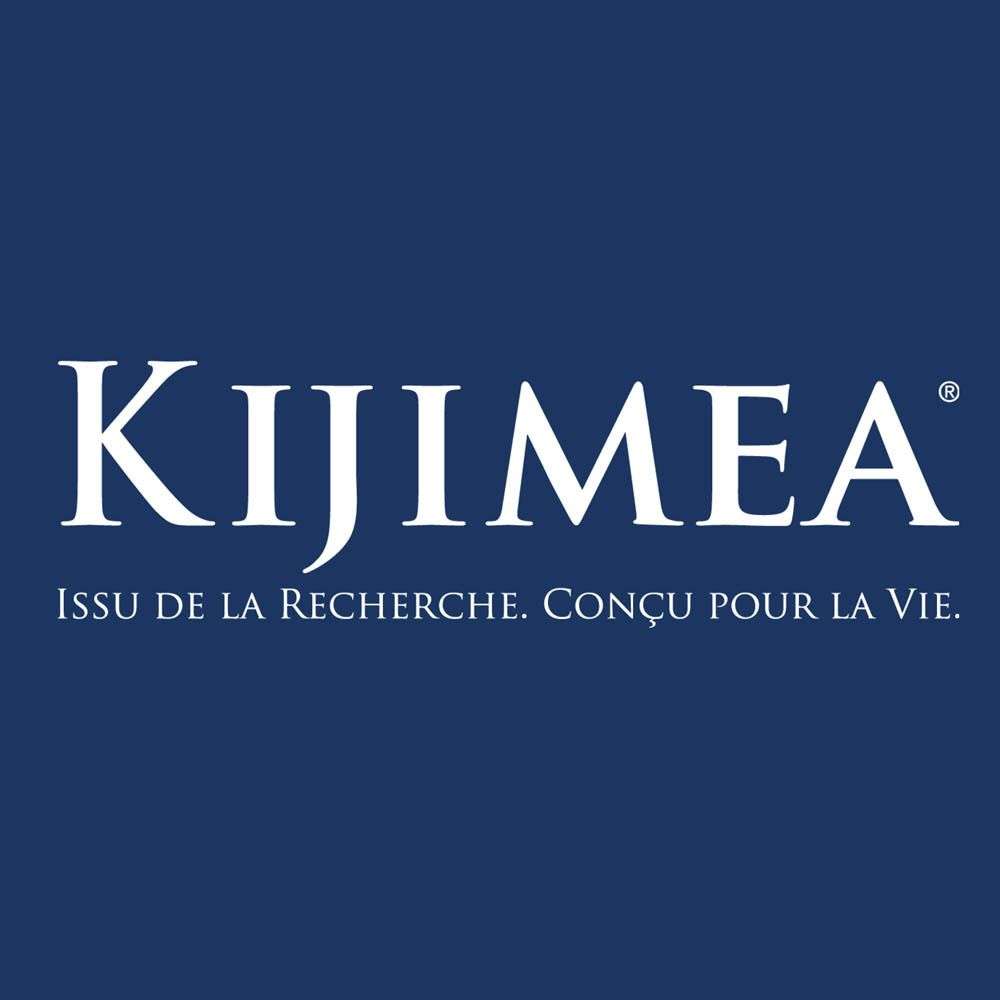 Logo Kijimea® sur fond bleu. Texte : Issu de la recherche. Conçu pour la vie.