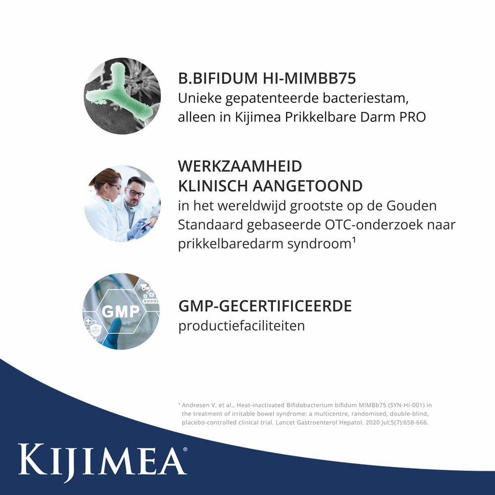 Kijimea. Tekst: B.Bifidum HI-MIMBb75, unieke bacteriestam. Klinisch aangetoond. GMP-gecertificeerd.