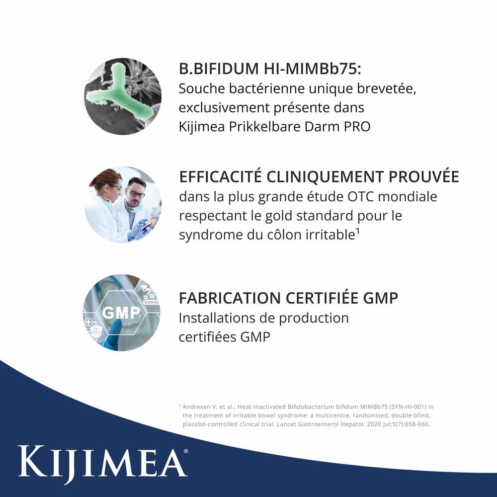 Infographie : B.Bifidum HI-MIMBb75, efficacité clinique, certification GMP. Texte en français. Logo Kijimea.