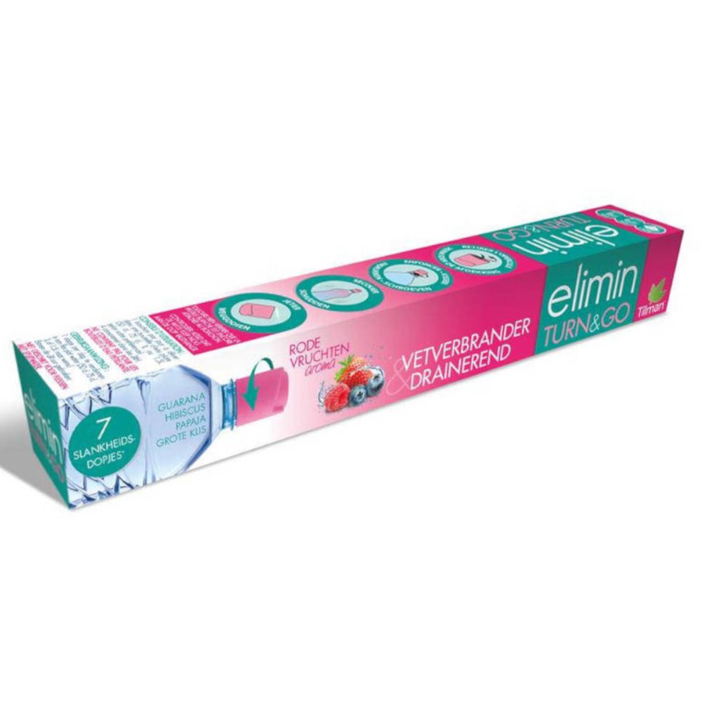 Lange, rechthoekige verpakking. Roze en wit met productnaam en fruitillustraties. Tekst: Rode vruchten, Vetverbrander Drainerend.