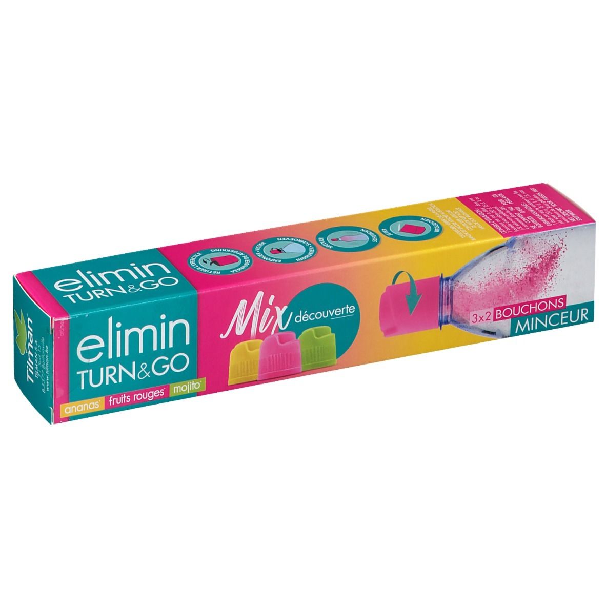 Verpakking Elimin Turn & Go Mix Découverte. Roze, gele en groene doppen. Tekst: ananas, rode vruchten, mojito.