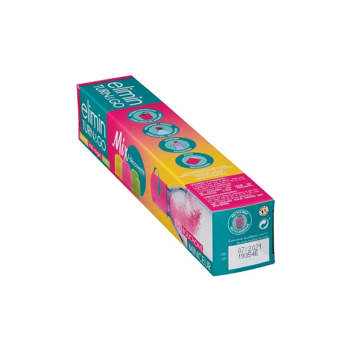 Schuine verpakking Elimin Turn & Go Mix Découverte. Roze, gele en groene doppen. Tekst: ananas, rode vruchten, mojito.