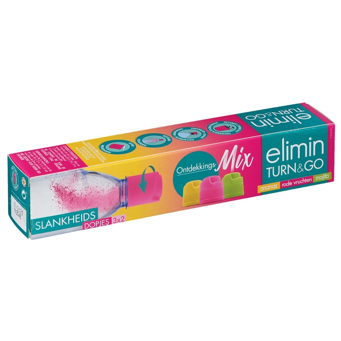 Verpakking Elimin Turn & Go Mix Découverte. Roze, gele en groene doppen. Tekst: ananas, rode vruchten, mojito.