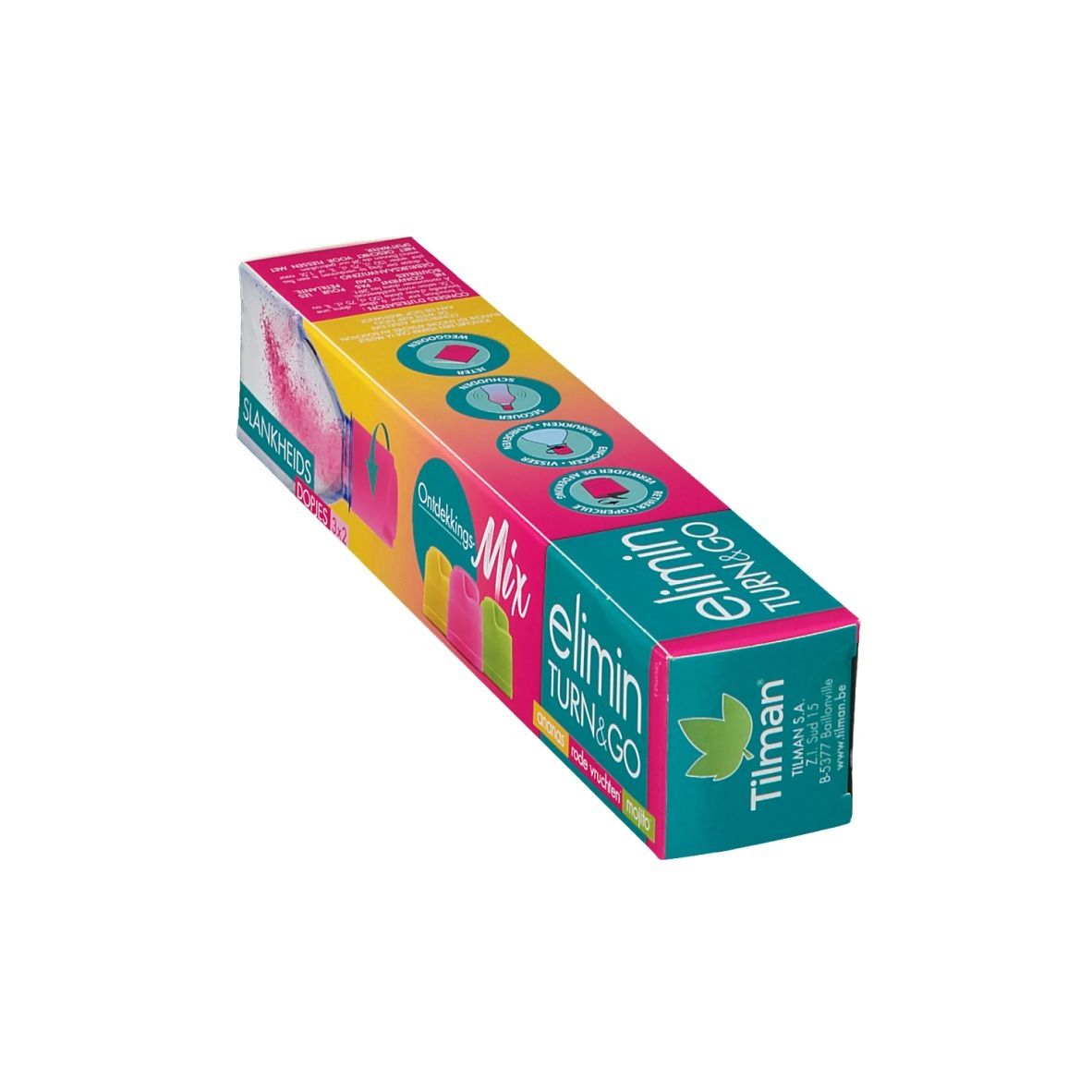 Schuine verpakking Elimin Turn & Go Mix Découverte. Roze, gele en groene doppen. Tekst: ananas, rode vruchten, mojito.