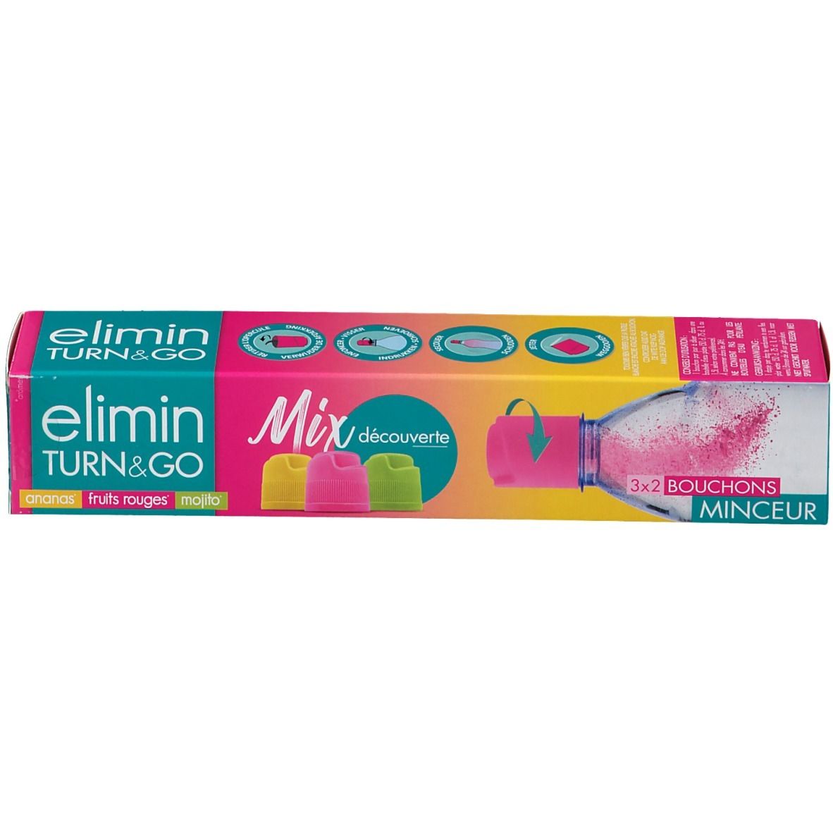 Verpakking Elimin Turn & Go Mix Découverte. Roze, gele en groene doppen. Tekst: ananas, rode vruchten, mojito.