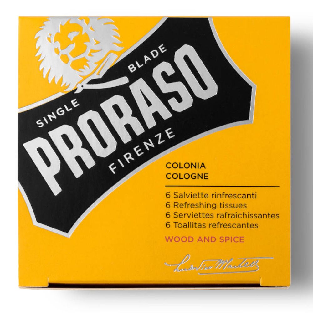 Boîte jaune avec logo Proraso et texte. Contient 6 lingettes rafraîchissantes. Texte : Wood & Spice.