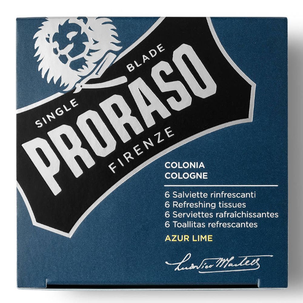 Boîte bleu foncé avec logo et texte blancs. Contient 6 lingettes rafraîchissantes. Texte : Proraso, Firenze, Azur Lime.