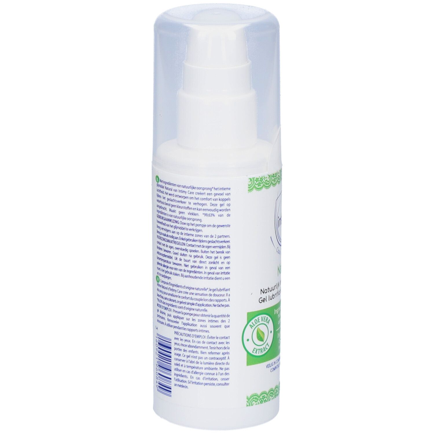 Achterkant van de witte fles. Tekst in meerdere talen. Opschrift: Intimy. Met aloë vera extract. 150 ml.