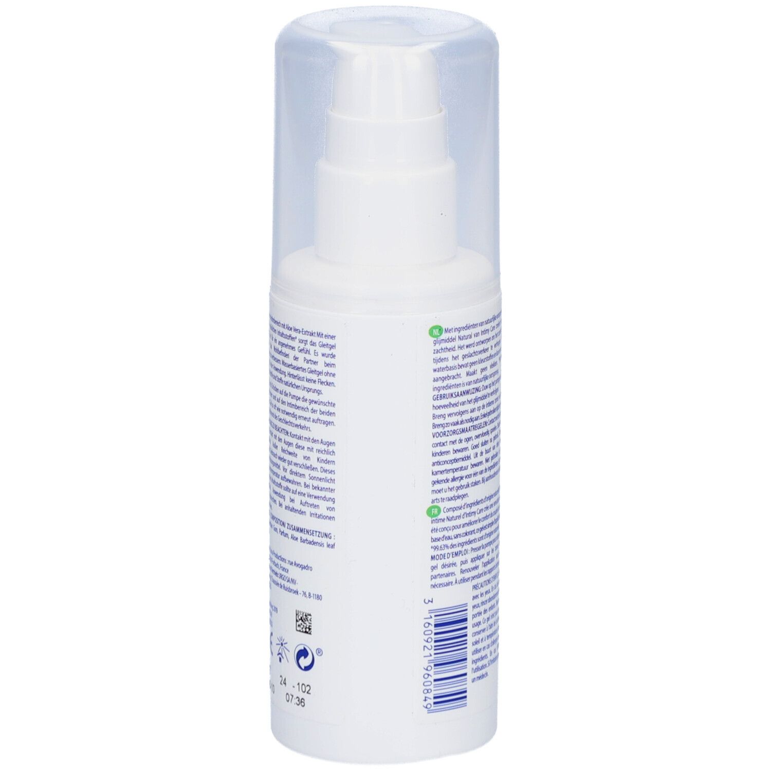 Achterkant van de witte fles. Tekst in meerdere talen. Barcode en andere informatie. 150 ml.