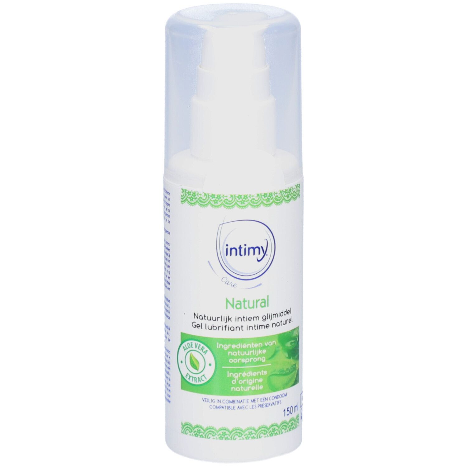 Witte fles met sproeikop en transparante dop. Opschrift: Intimy Natural. Gel lubrifiant intime naturel. Met aloë vera extract. 150 ml.