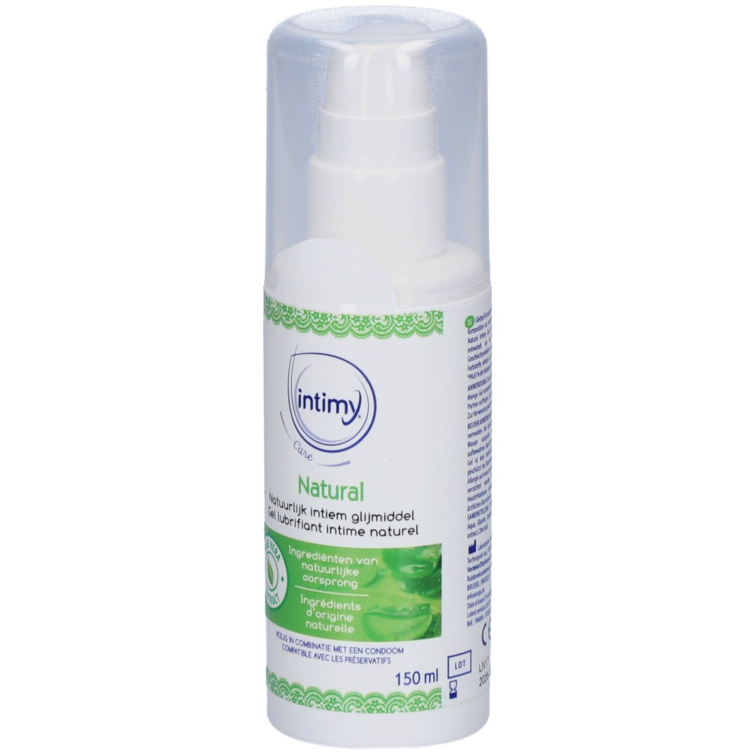 Witte fles met sproeikop en transparante dop. Opschrift: Intimy Natural. Gel lubrifiant intime naturel. Met aloë vera extract. 150 ml.