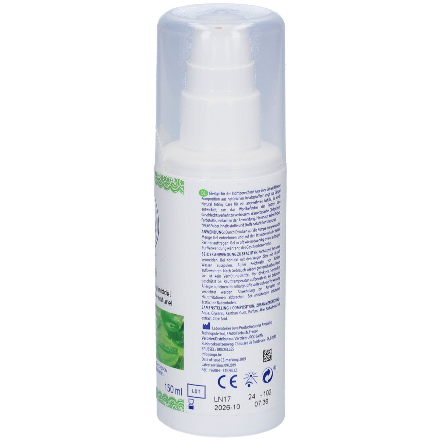 Achterkant van de witte fles. Tekst in meerdere talen. Opschrift: Intimy. Met aloë vera extract. 150 ml.