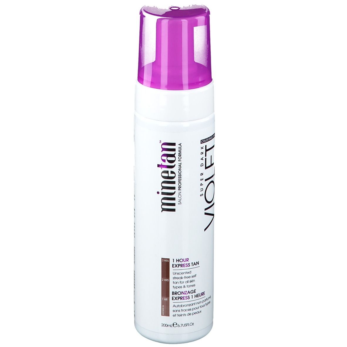 Witte fles met paarse dop, MInetan Violet Super Dark Express Tan, 200ml.