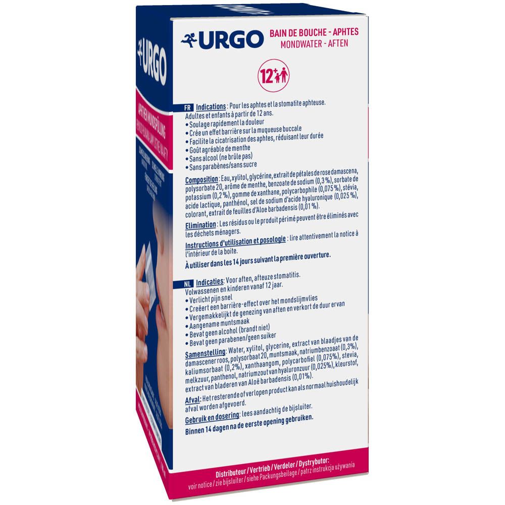 Dos de l'emballage Urgo Bain de Bouche. Contient informations et ingrédients.