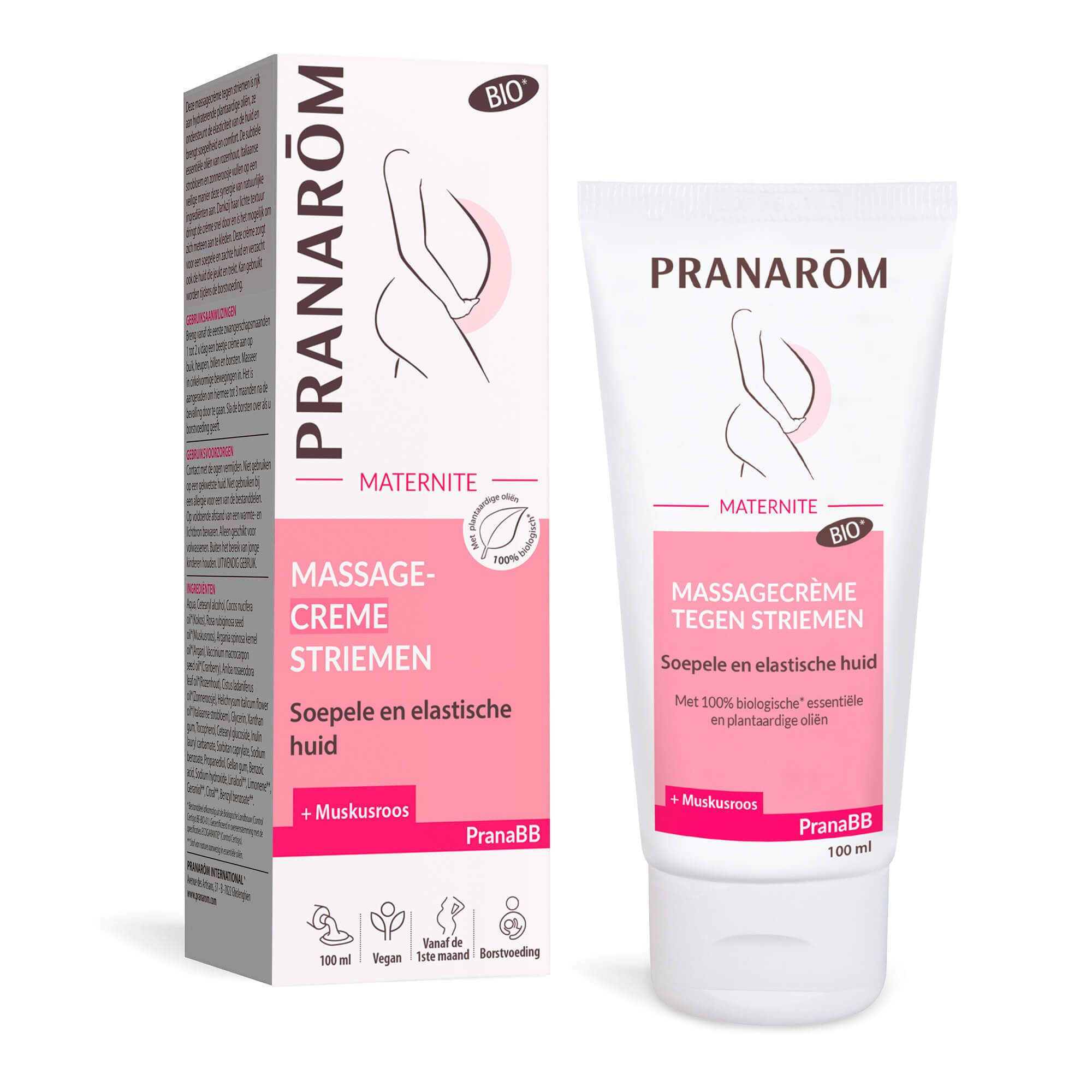 Crème en verpakking. Pranarôm PranaBB Crème. Voor zwangerschap. Roze en wit. Bio-certificering.