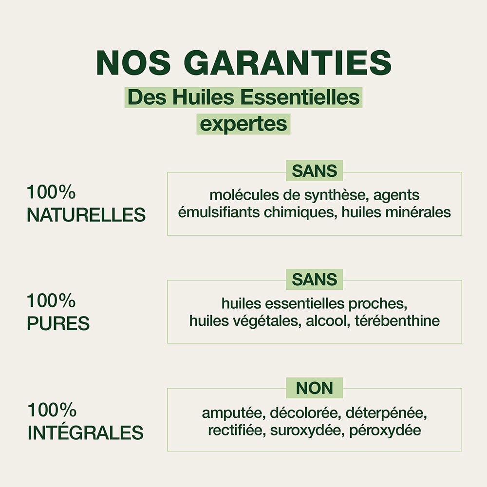 Garanties: 100% natuurlijk, puur en integraal. Zonder synthetische moleculen, alcohol, etc.