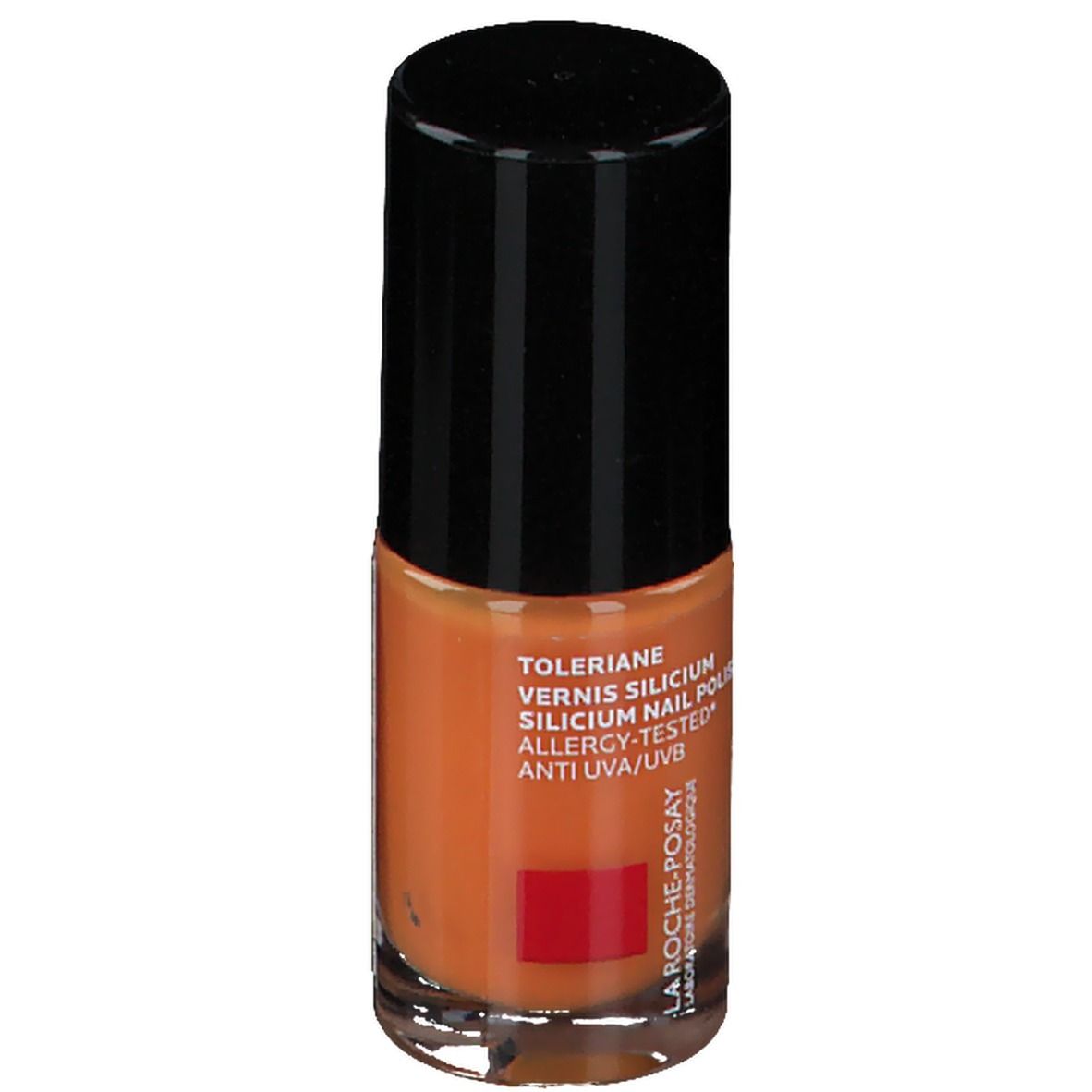 Oranje nagellakfles. Zwarte dop. Tekst: Toleriane, Vernis Silicium, Allergy-Tested, Anti UVA/UVB. Rood logo.