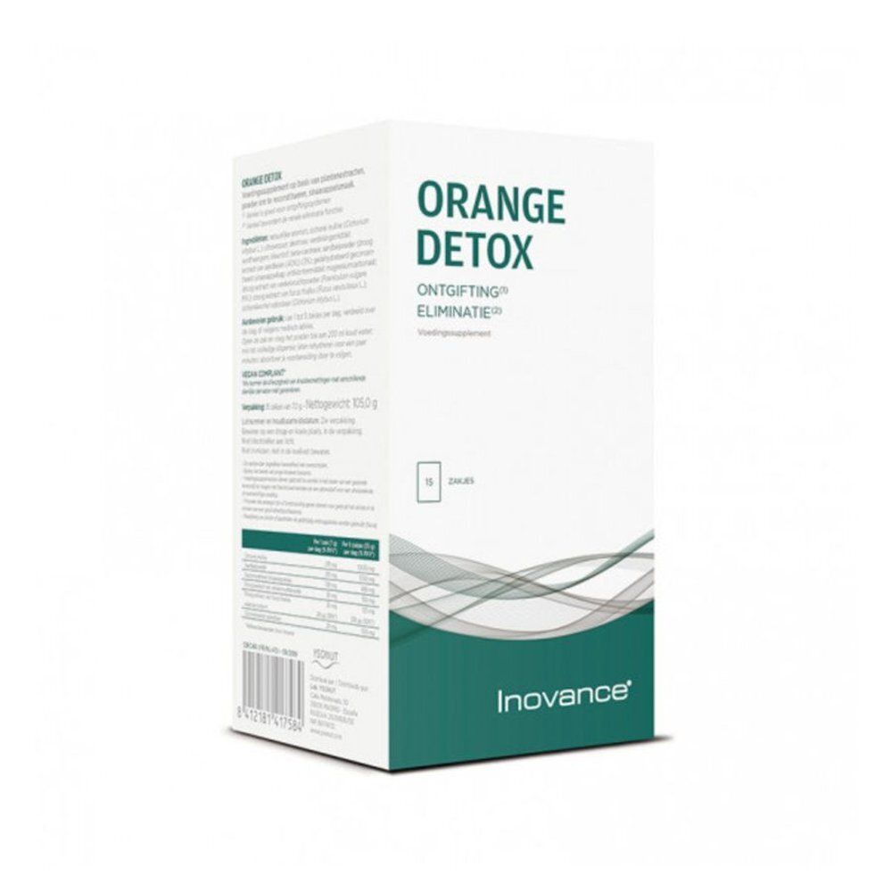 Witte doos met groene accenten. Opschrift: ORANGE DETOX, ONTIGIFTING ELIMINATIE. Merk: Inovance.