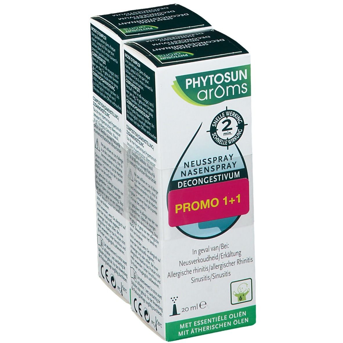 Twee verpakkingen Phytosun Aroms Neusspray Decongestionnant. Promo 1+1. Bevat essentiële oliën. 20 ml. Voor verstopte neus, verkoudheid, allergische rhinitis, sinusitis.