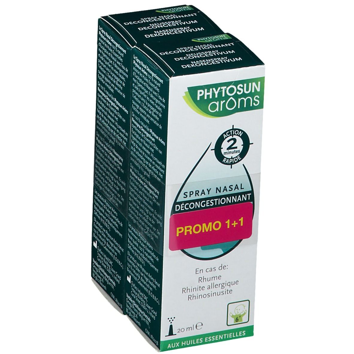 Twee verpakkingen Phytosun Aroms Neusspray Decongestionnant. Promo 1+1. Voor verkoudheid, allergische rhinitis, rhinosinusitis. 20 ml. Bevat essentiële oliën.