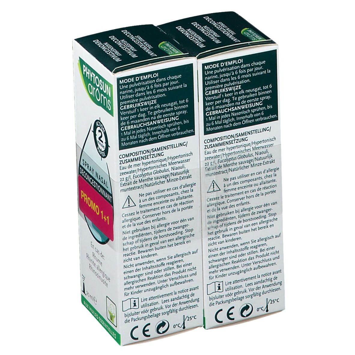 Achterkant van twee verpakkingen Phytosun Aroms Neusspray Decongestionnant. Gebruiksaanwijzing. Samenstelling. 20 ml. Promo 1+1. Bevat essentiële oliën.