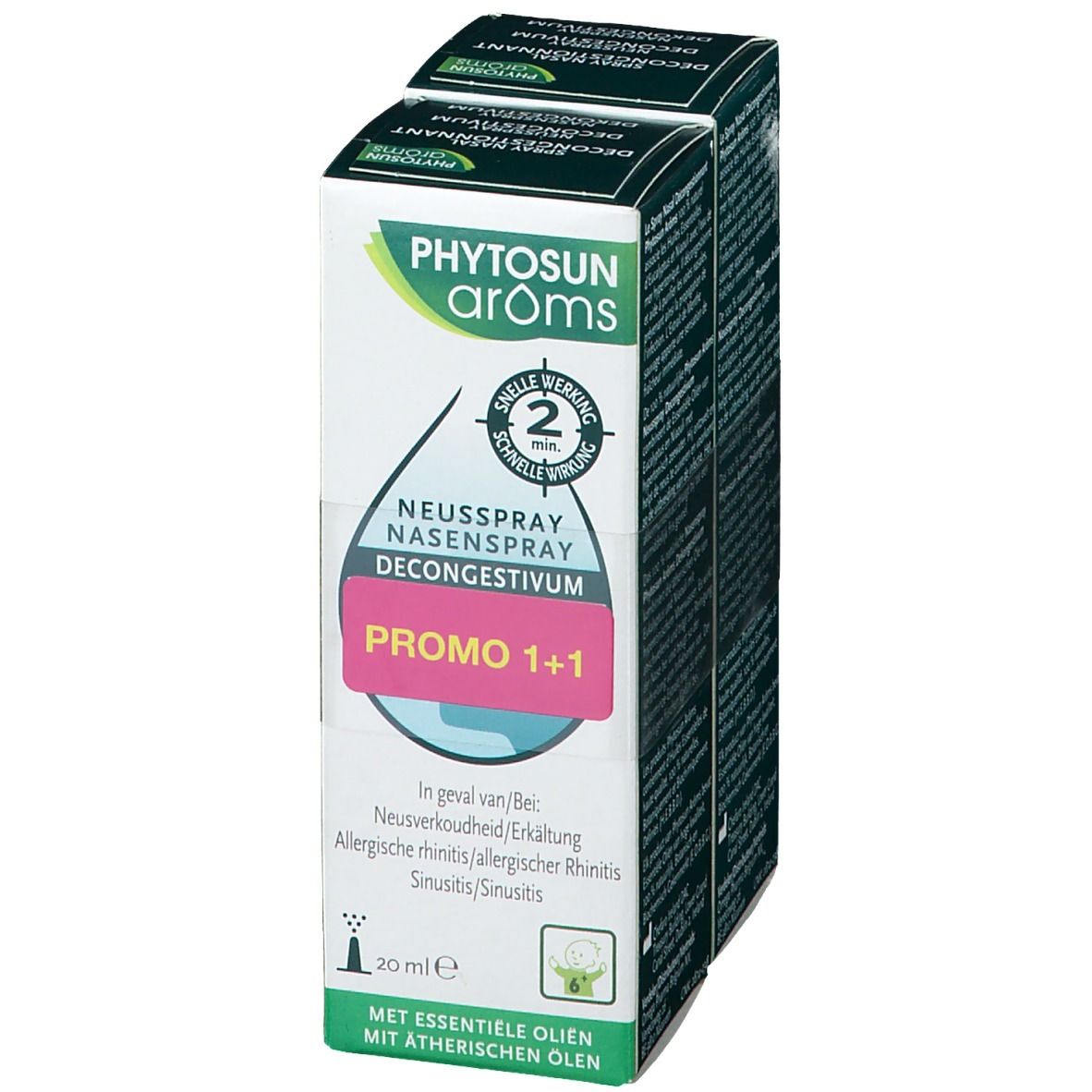 Phytosun Aroms Neusspray Decongestionnant. Promo 1+1. Voor verstopte neus, verkoudheid, allergische rhinitis, sinusitis. 20 ml. Bevat essentiële oliën.
