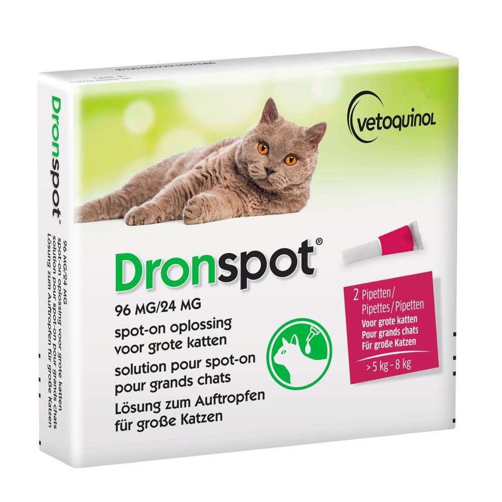 Dronspot-verpakking. Bevat 2 pipetten voor katten. Opschrift: 96 mg/24 mg. Vetoquinol-logo.