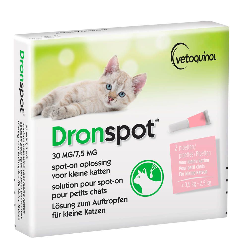 Emballage Dronspot pour chatons. Inscription: 30 mg/7,5 mg. Contient des pipettes. Logo Vetoquinol.