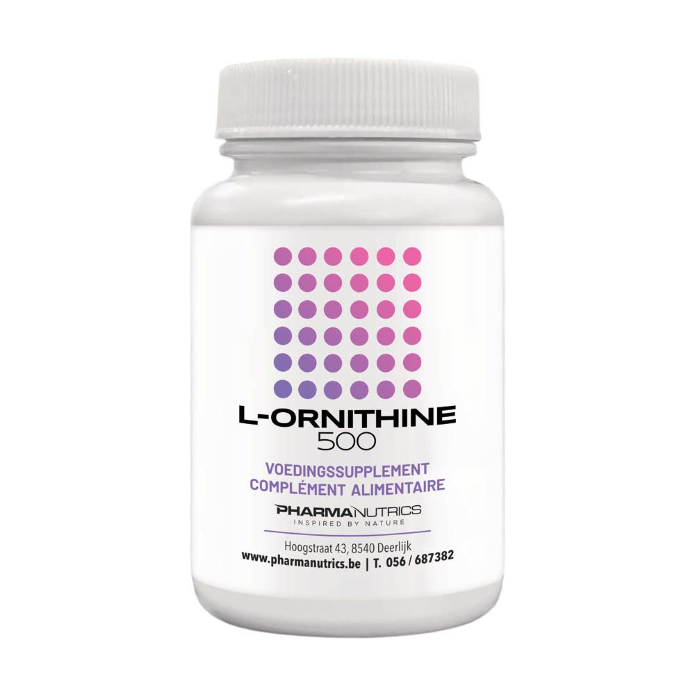 Witte fles met capsules. Opschrift: L-Ornithine 500. Voedingssupplement. Paars stippen design.