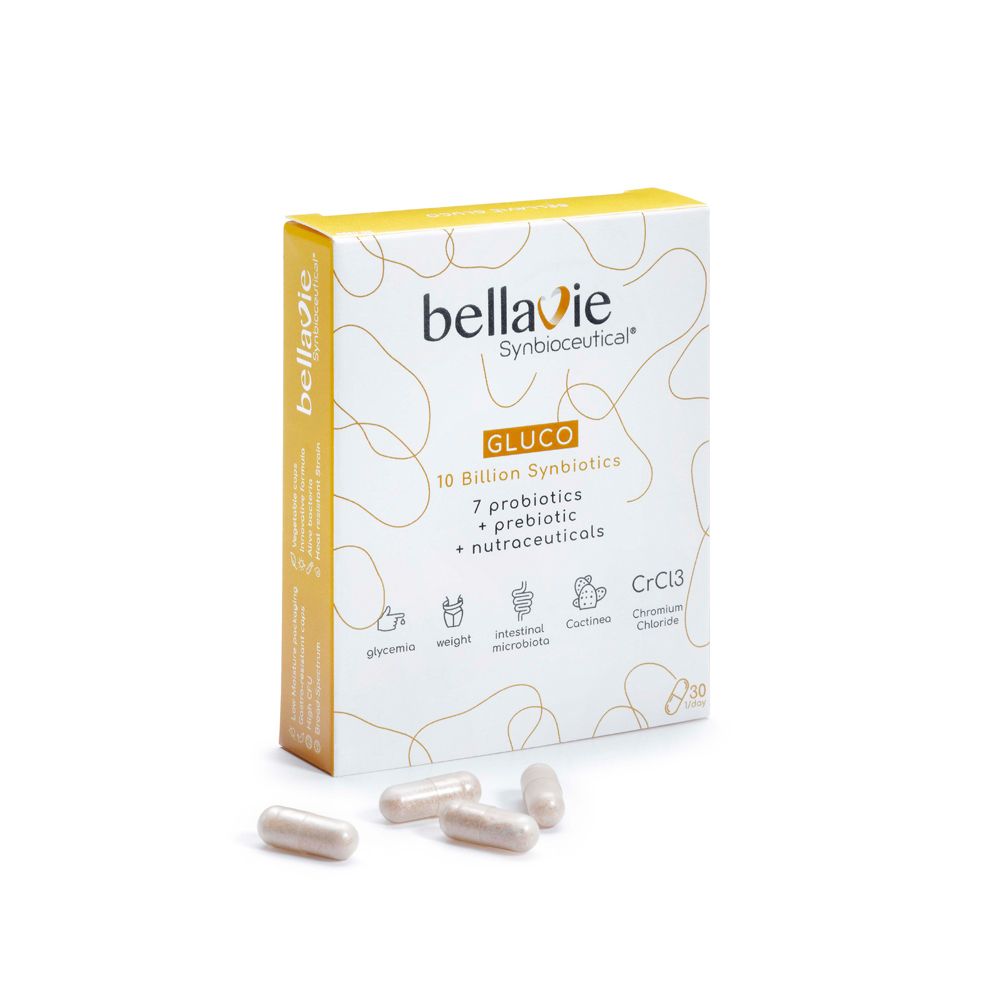 Doosje met capsules. Opschrift: BellaVie, GLUCO, 10 miljard synbiotica, 7 probiotica, prebiotica, nutraceuticals.