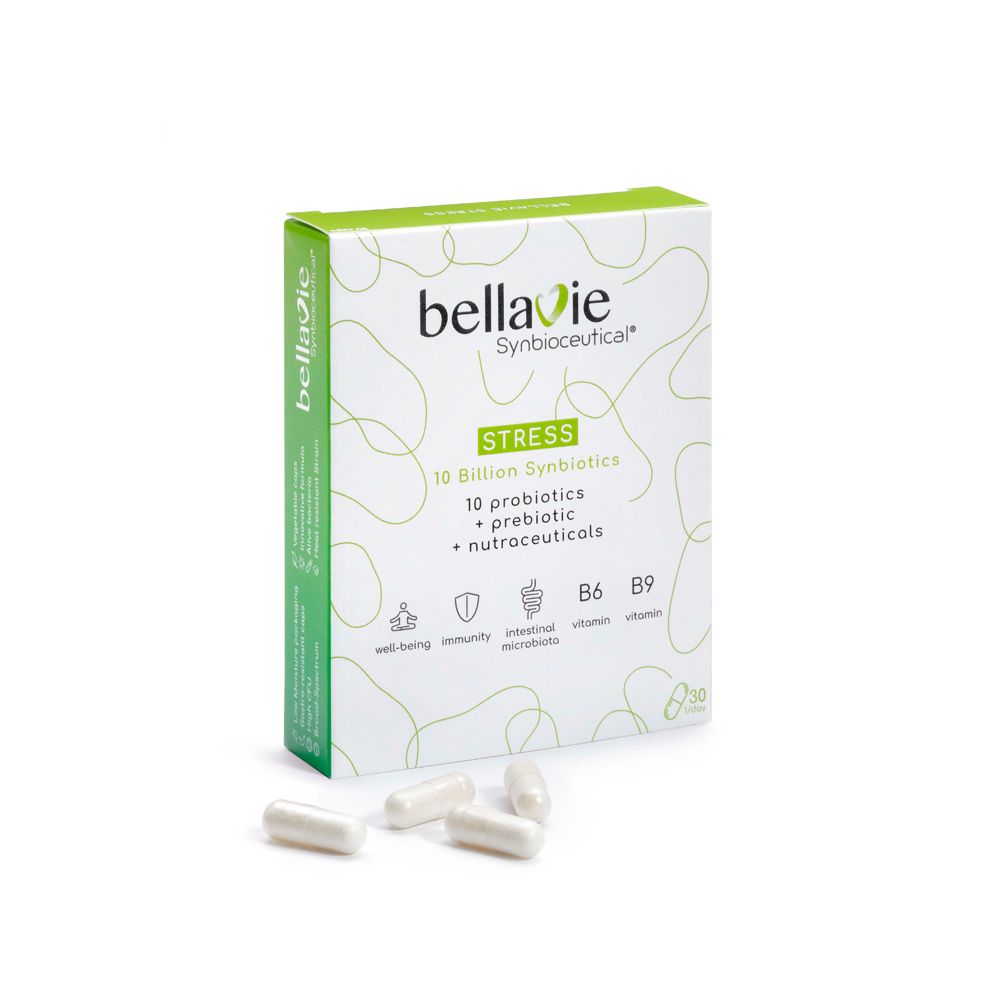 Doosje BellaVie STRESS. Groen-wit ontwerp, naam en ingrediënten gedrukt. Enkele capsules ernaast.