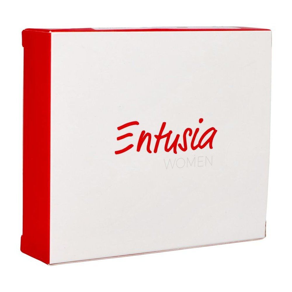 Boîte blanche avec inscription rouge "Entusia WOMEN". Bord rouge sur le côté.