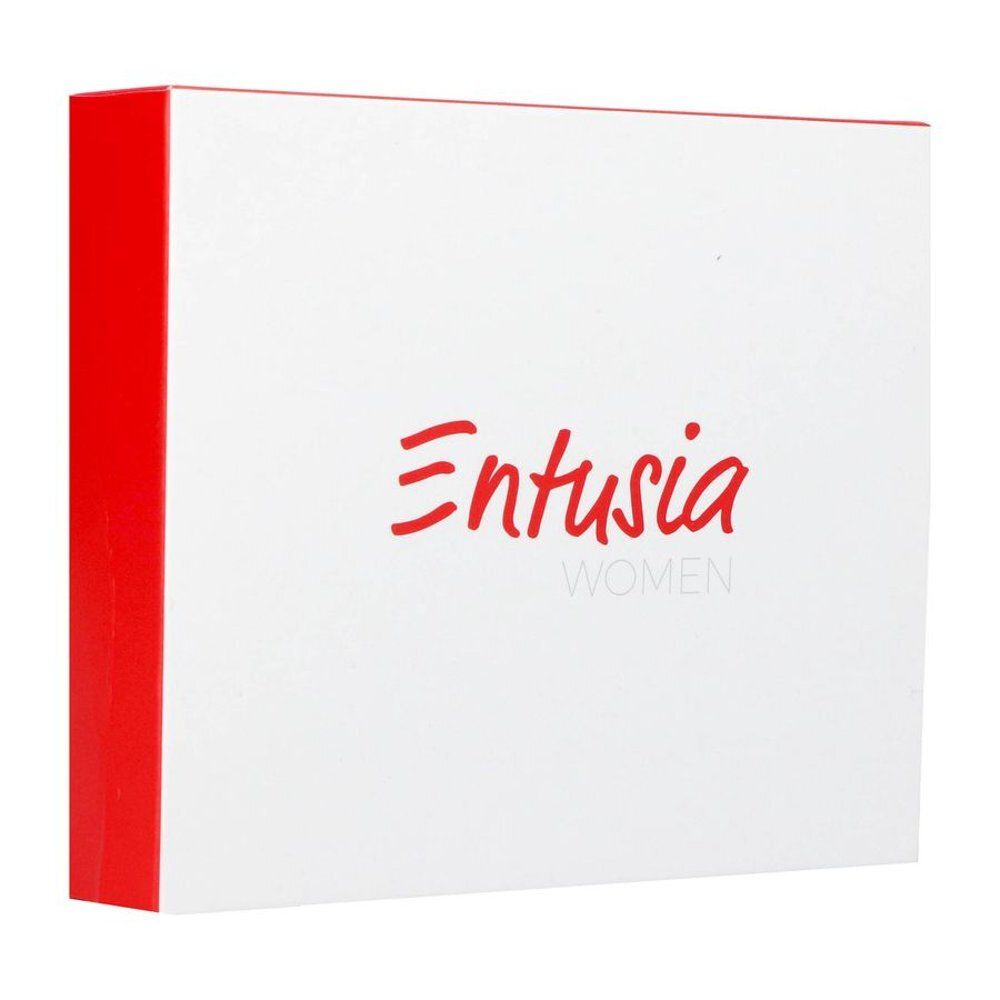 Boîte blanche avec inscription rouge "Entusia WOMEN". Bord rouge.