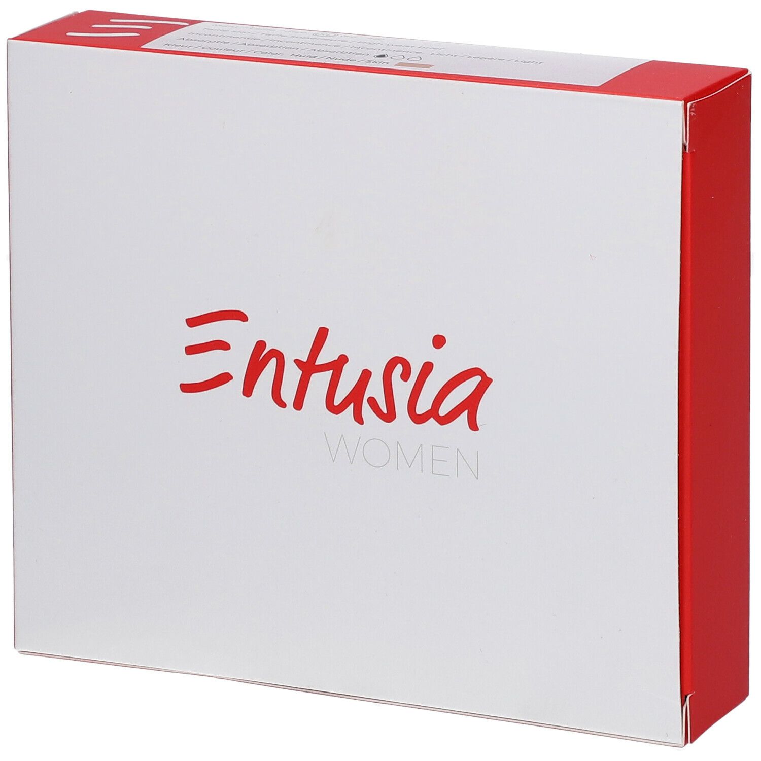 Boîte blanche avec texte rouge. Inscription "Entusia WOMEN".