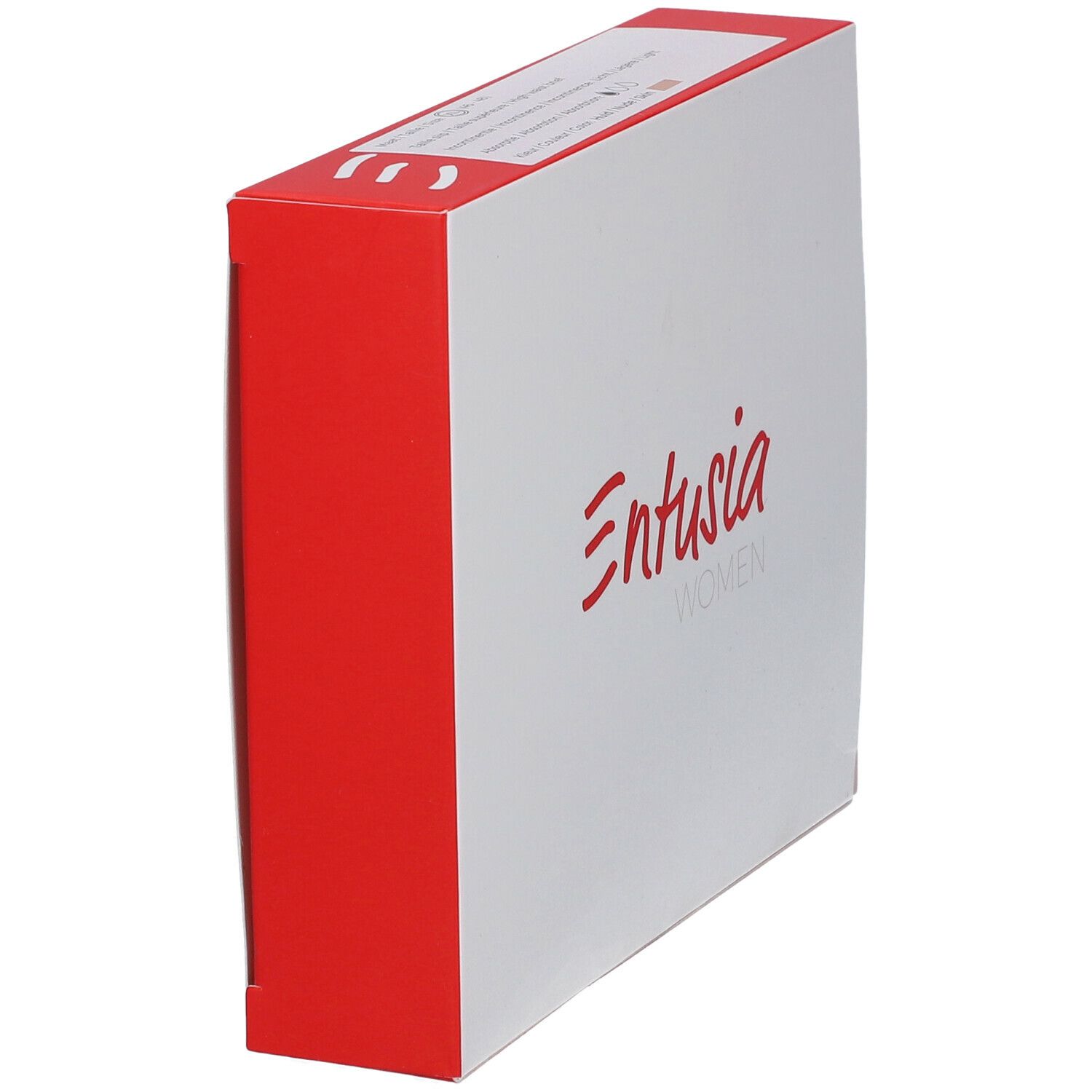 Boîte blanche avec texte rouge. Inscription "Entusia WOMEN". Côtés rouges.