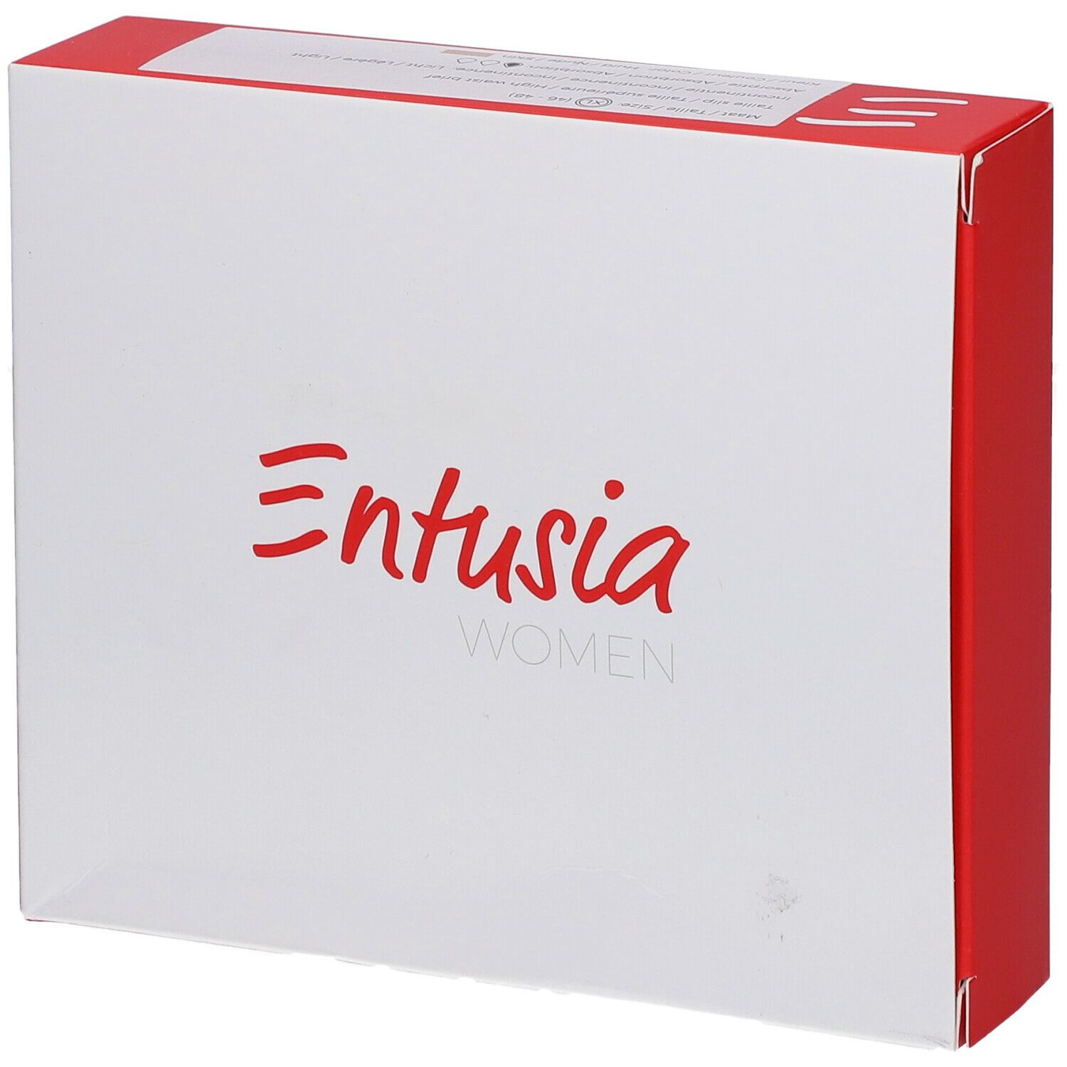 Boîte blanche avec texte rouge. Inscription "Entusia WOMEN".